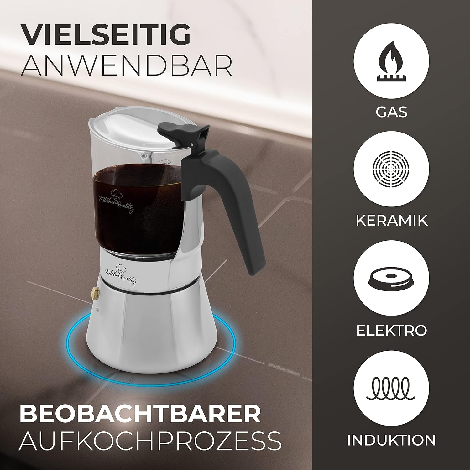 Kitchenquality Espresso Maker - Glass + Stainless Steel - 240 Ml - for 4 Cups - 18.5 X 14 Cm - for Ceramic Hobs, Gas, Electric + Induction Cookers - with Portion Spoon + 3 Cork Coasters image number 1