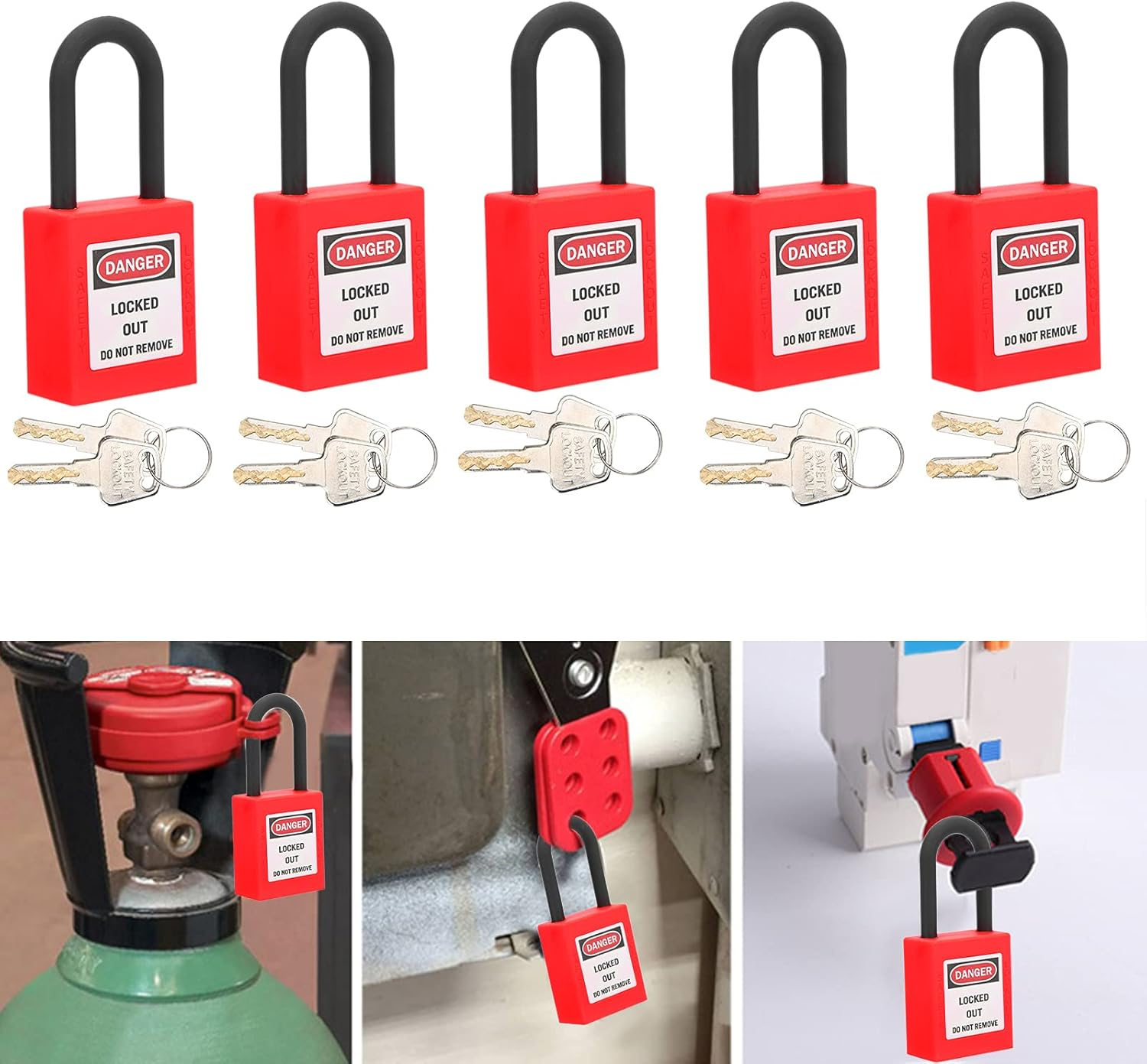 5 Sets Lockout Padlock Lockout Padlock Lockout Tagout Locks Security Lock Nylon Safety Padlock 38Mm (Red) image number 5
