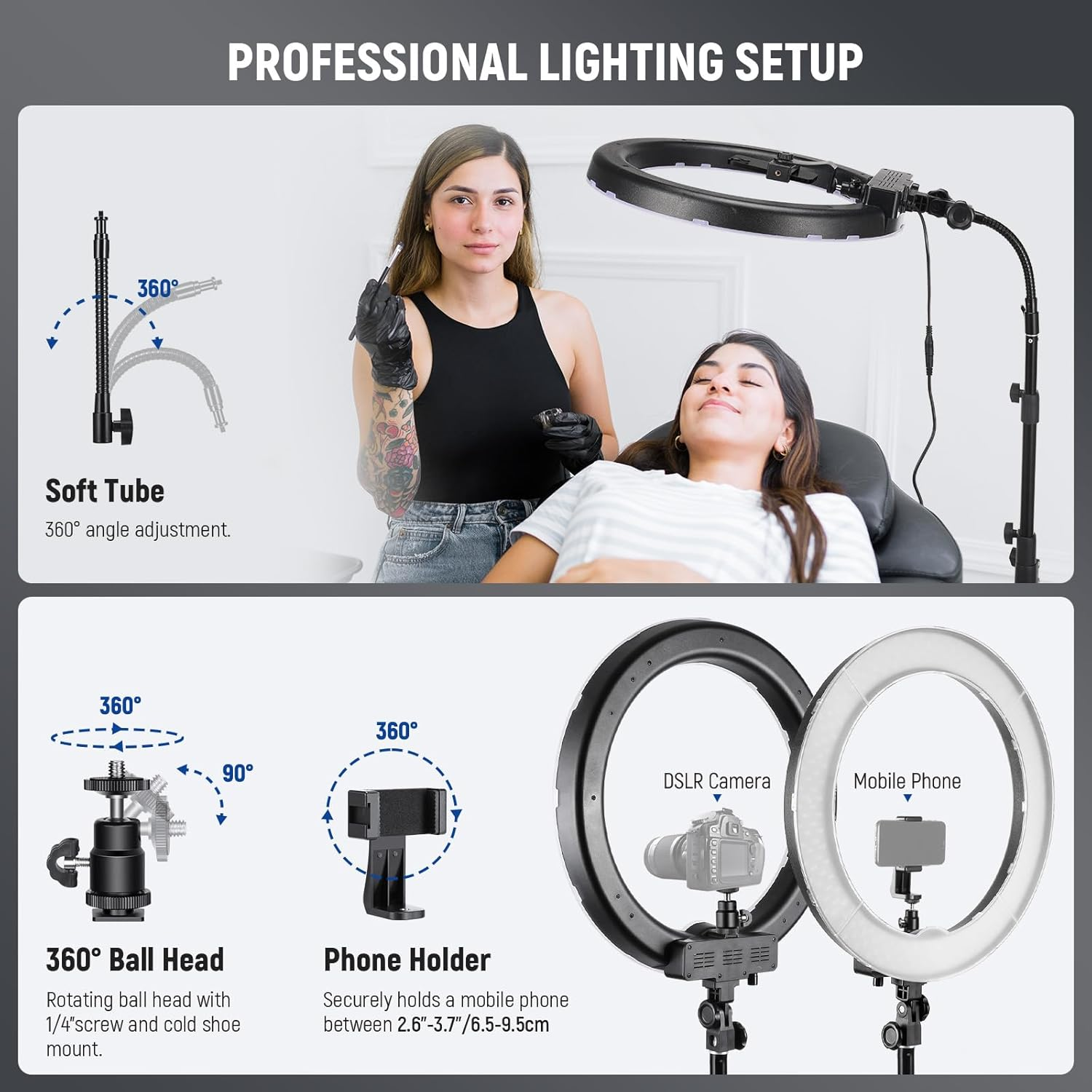 NEEWER Ring Light 18Inch Kit: 55W 5600K Professional LED with Stand and Phone Holder, Soft Tube & Bag for Tattoo Lash Extension Barber Makeup Artist Studio Video Photography Lighting, RL-18 image number 2