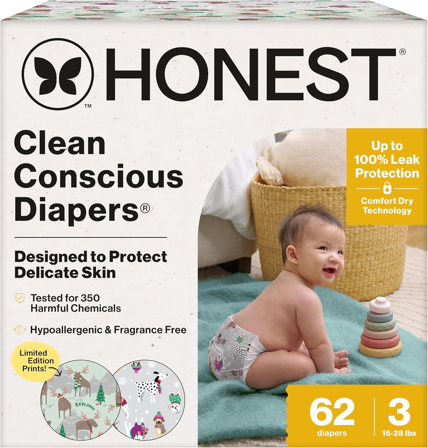The Honest Company Clean Conscious Diapers for Delicate Skin | up to 100% Leakproof | Hypoallergenic, Fragrance Free | Winter '25 Limited Edition Prints | Club Box, Size 3 (16-28 Lbs), 62 Count image number 4