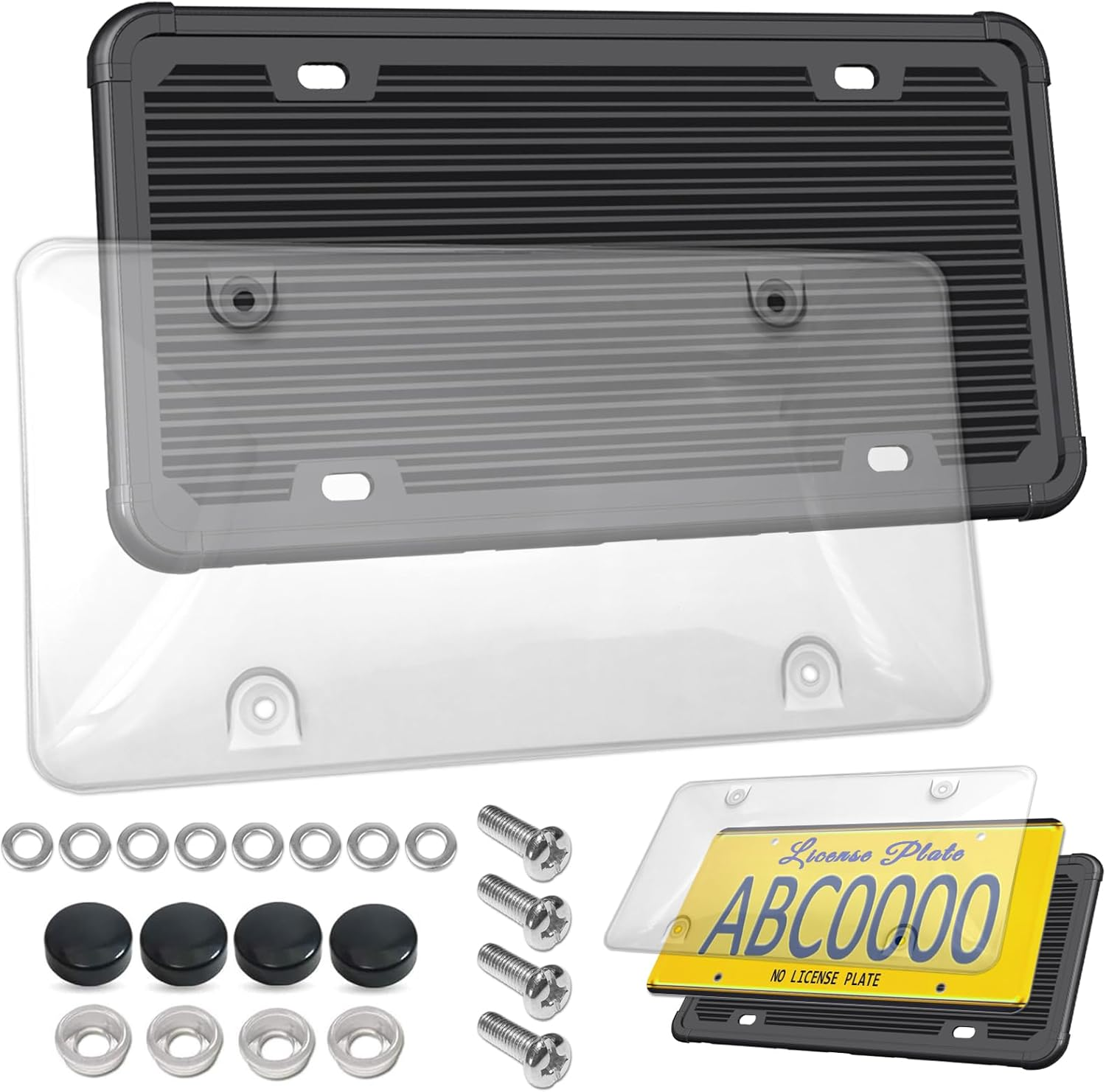 Car License Plates Shield - Clear Bubble Novelty Plate Cover with Silicone License Plate Frame to Fit Any US Plates, Unbreakable Frame Cover to Protect Front, Back License Plate Included Screws,Caps