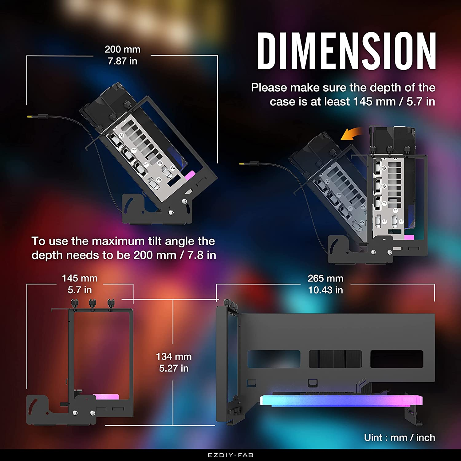 EZDIY-FAB Pcie 4.0 GPU Mount Bracket Graphic Card Holder Multi-Angle Adjustment with 5V 3 Pin ARGB LED Module, Video Card VGA Support Kit with Pcie 4.0 X16 Gen4 17Cm/6.69In Riser Cable - Black image number 5