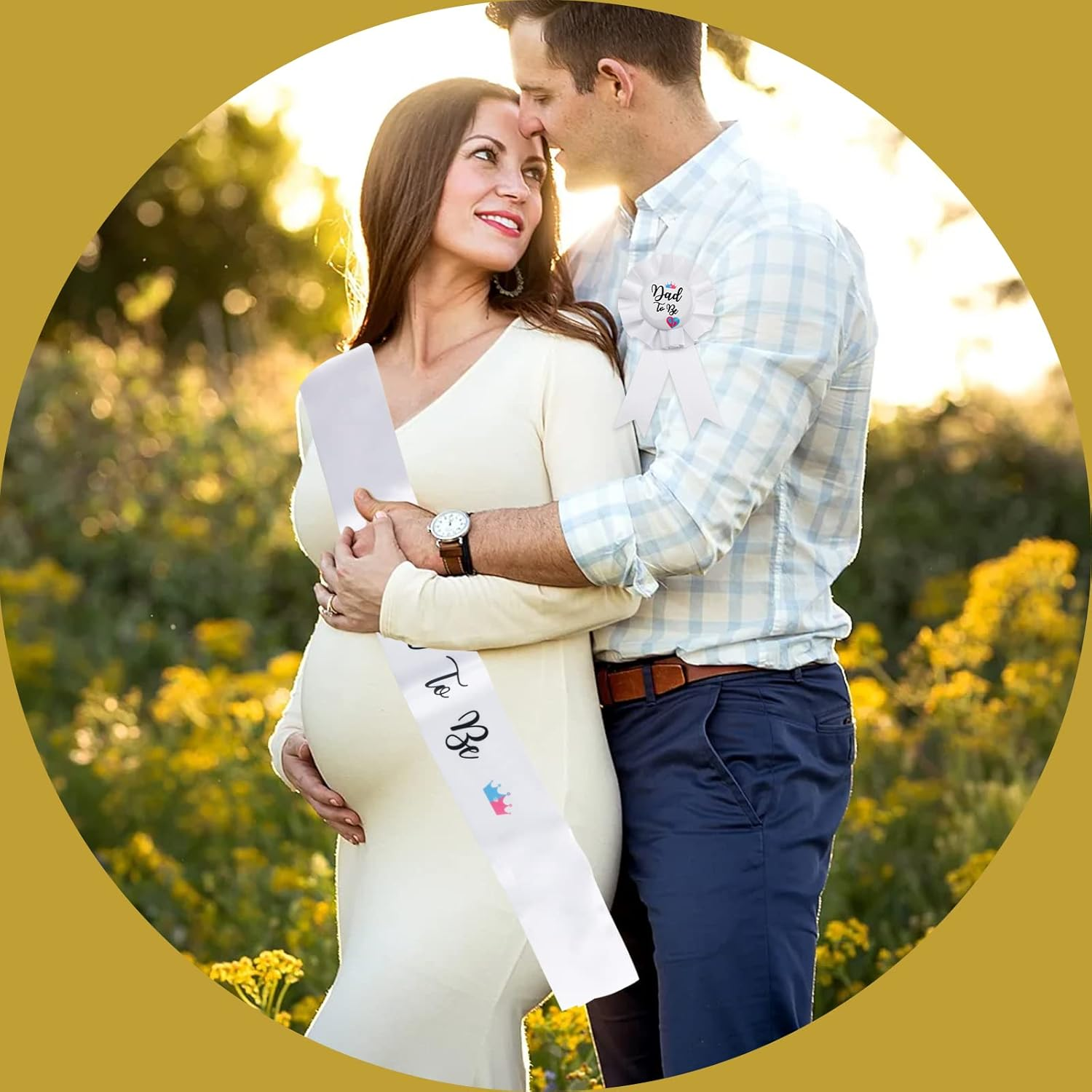 Baby Shower Decorations Sash, Baby Shower Sash and Button Pin for Boy, Mom to Be' Sash and 'Dad to Be' Pin with Beautiful Crown Pattern for Baby Gender Welcome Party Gifts - Crown 2P image number 6