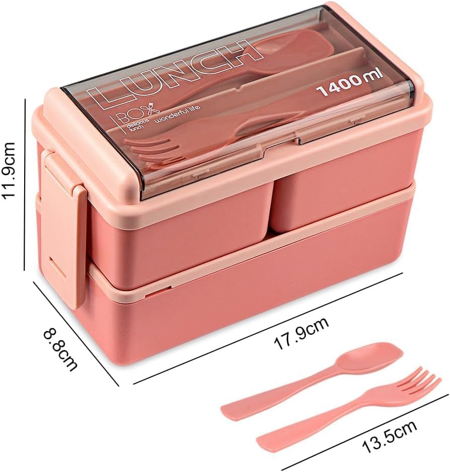 Lunch Box Stackable, 1400Ml Bento Box with Spoon Fork, Leak Proof 2 Layer Boxes with 3 Removable Compartments and Cutlery, for Adults Kids Office Microwave Dishwasher Safe Available (Pink) image number 4