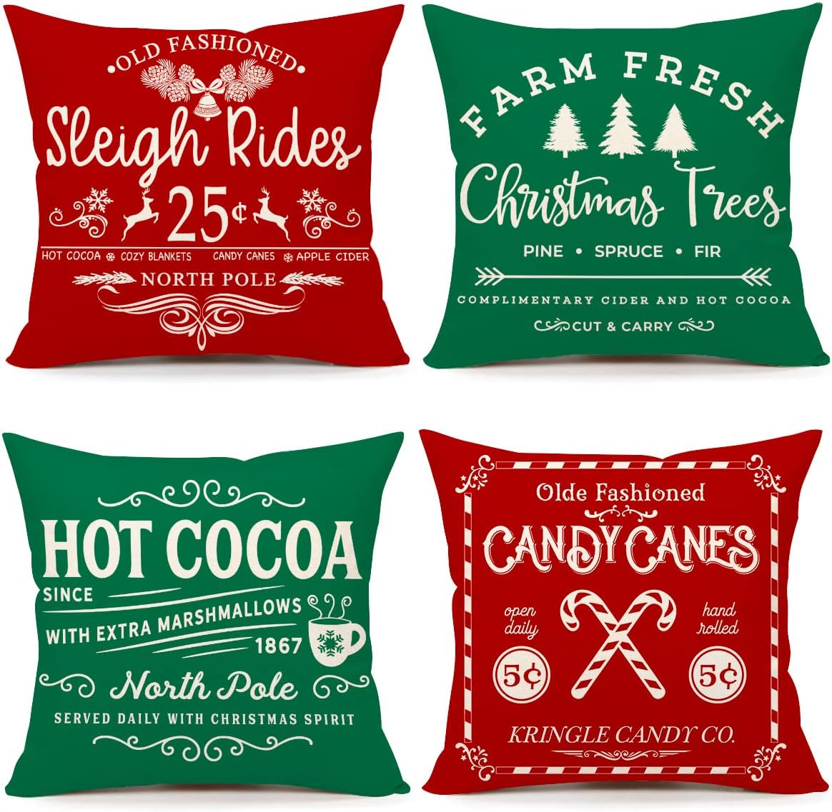 Farmhouse Christmas Pillow Covers 18X18 Set of 4 Winter Holiday Decorations Xmas Red Green Rustic Throw Cushion Case for Sofa Couch Home Decor (Sleigh Rides, Farm Fresh Tree, Cocoa, Candy Canes)