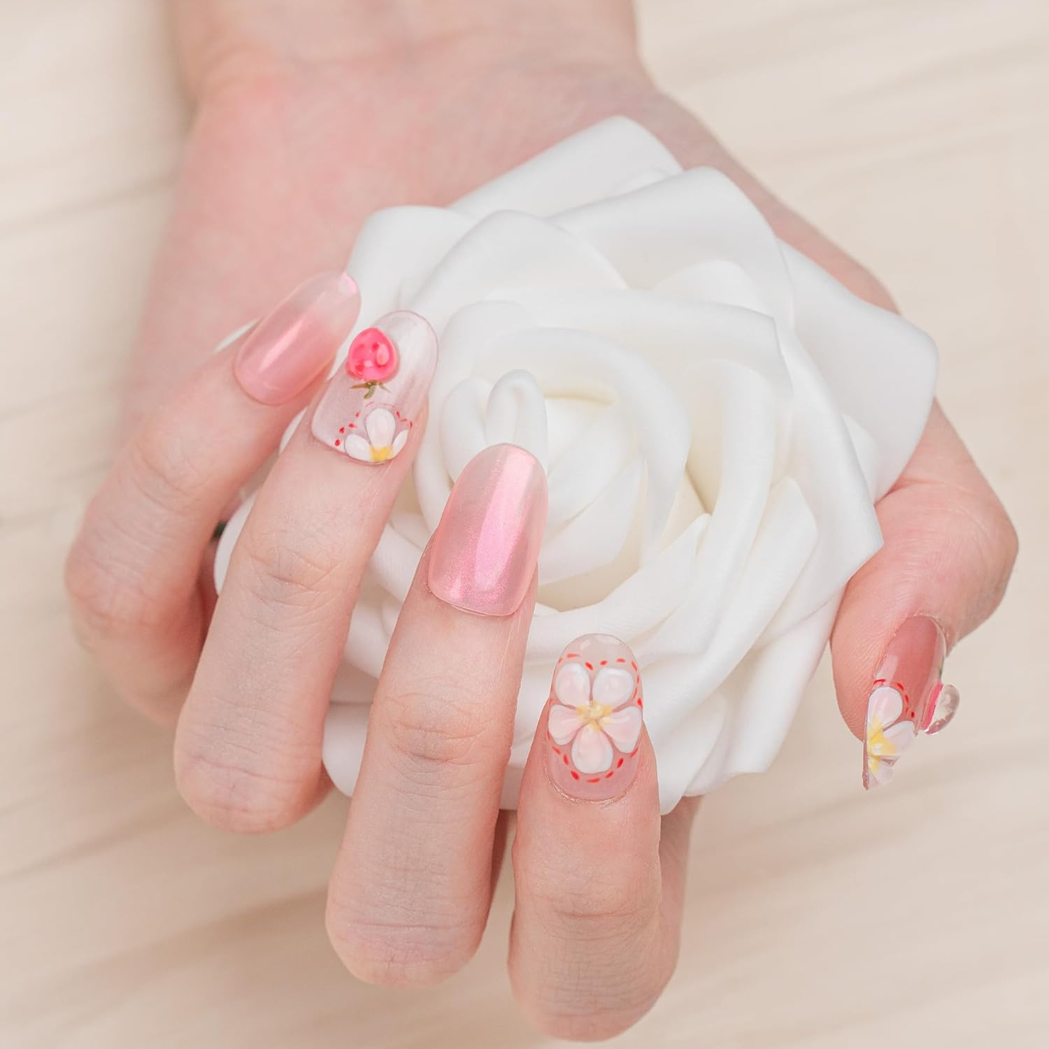 Sun&Beam Nails Handmade Press-On Medium Long Oval Pink Cartoon Glossy Hand-Painted Design Fashion False Nail Tips 10 Pcs Set (#237 L) - M image number 5