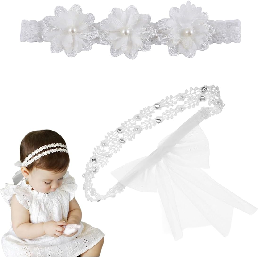 2Pcs Baby Girl Headbands White Stretchy Headband Double Lace Bowknot Hair Band Soft Baby Hairband Nylon Newborn Hair Accessories Baby Gifts for Newborns image number 3