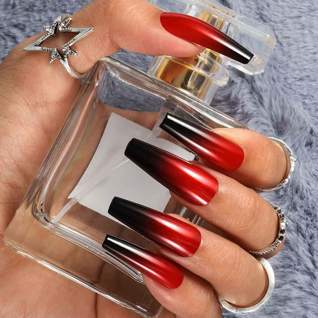 Outyua Halloween Red Black Press on Nails Ombre Coffin Fake Nails Long False Nails with Designs Acrylic Witch Ghost Nails for Women and Girls 24Pcs (Red & Black) image number 6