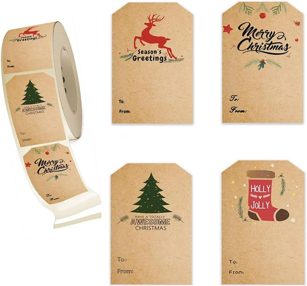 300Pcs Christmas Stickers, Kraft Christmas Labels with 4 Christmas Patterns, Writable Christmas Stickers Label Tags for Gift Wrapping, Decoration, Greeting Cards, Envelops
