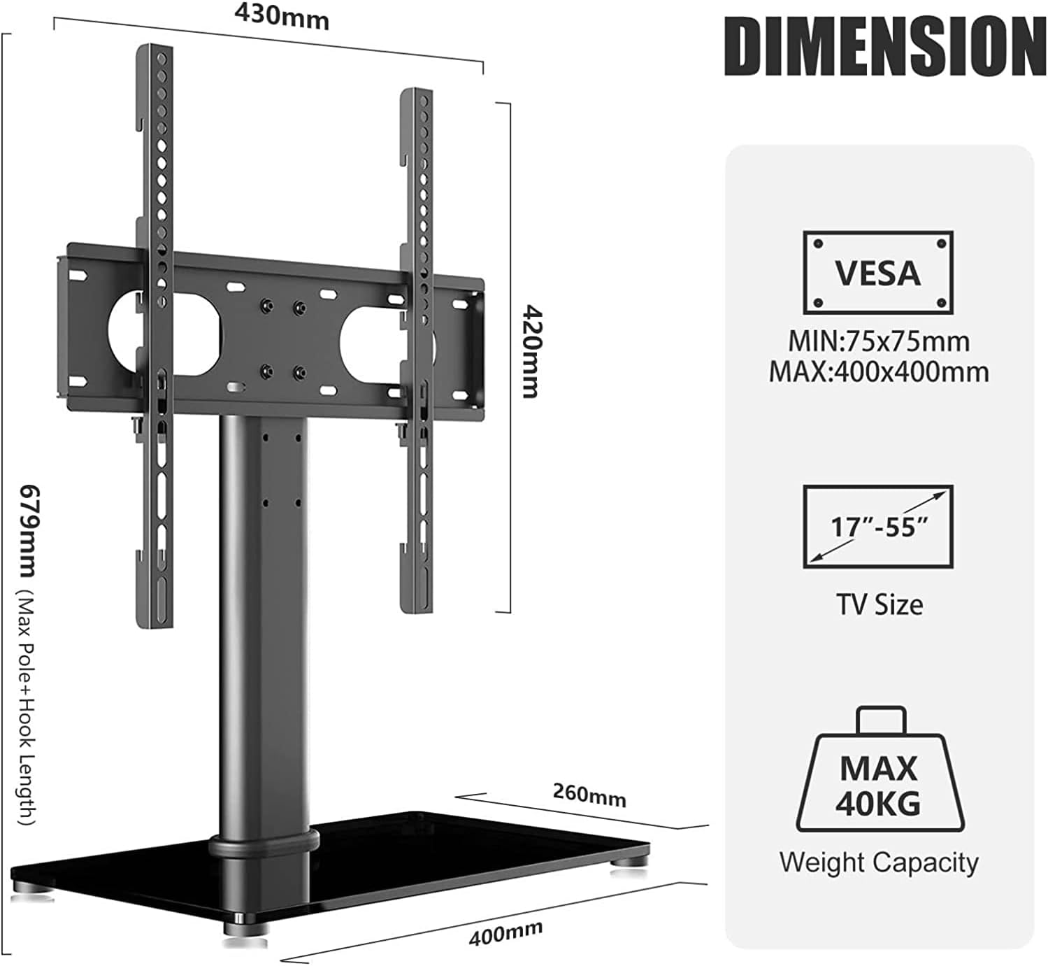 Suptek Universal Cantilever Table Top Pedestal TV Stand with Bracket for 17"-55" Tvs Holds 40Kg Max. VESA 400X400Mm Height Adjustable Mount TS001-02 image number 2