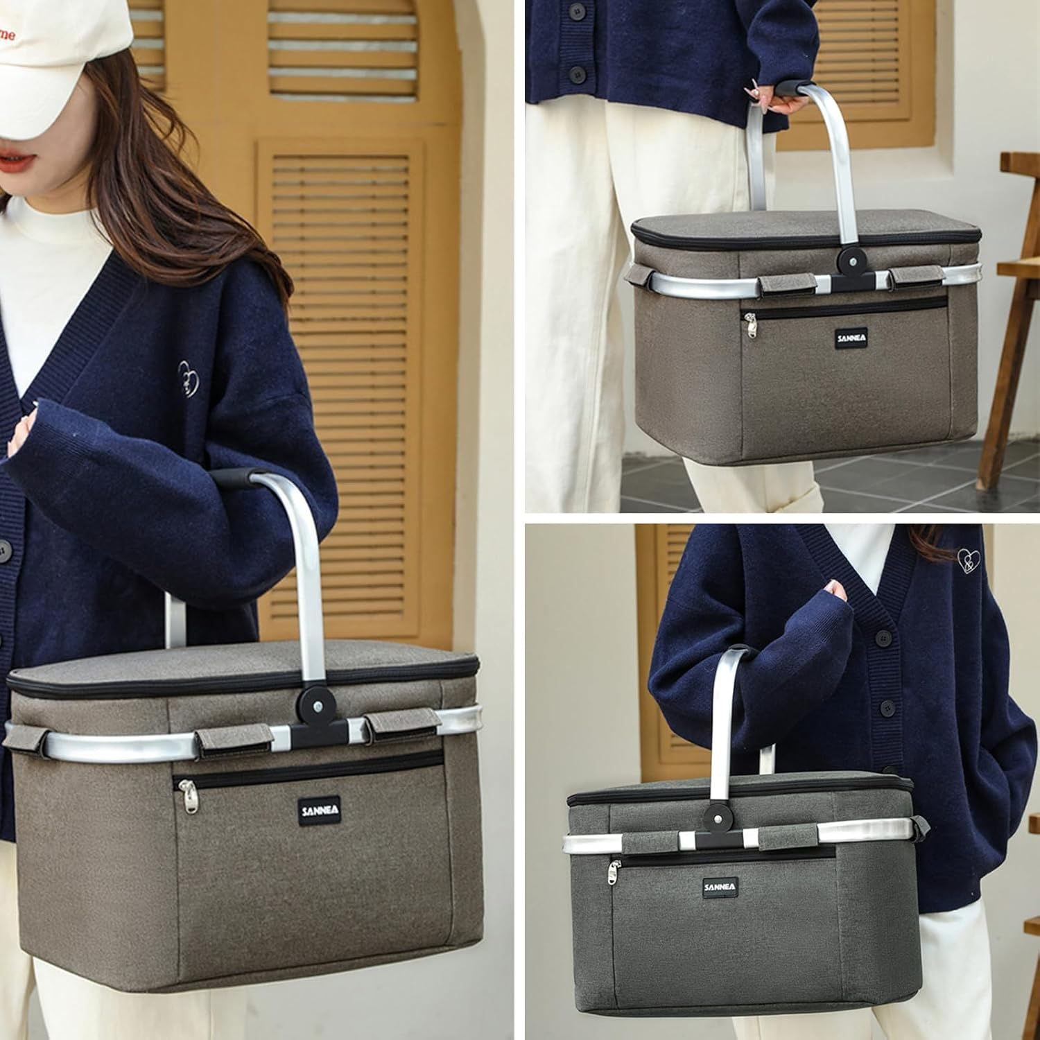 Large Insulated Picnic Basket, 29L Collapsible Cooler Tote with Handle and Lid, Reuasble Leakproof Thermal Shopping Travel Bag for Outdoor, BBQ, Camping, Delivery (Navy Blue)