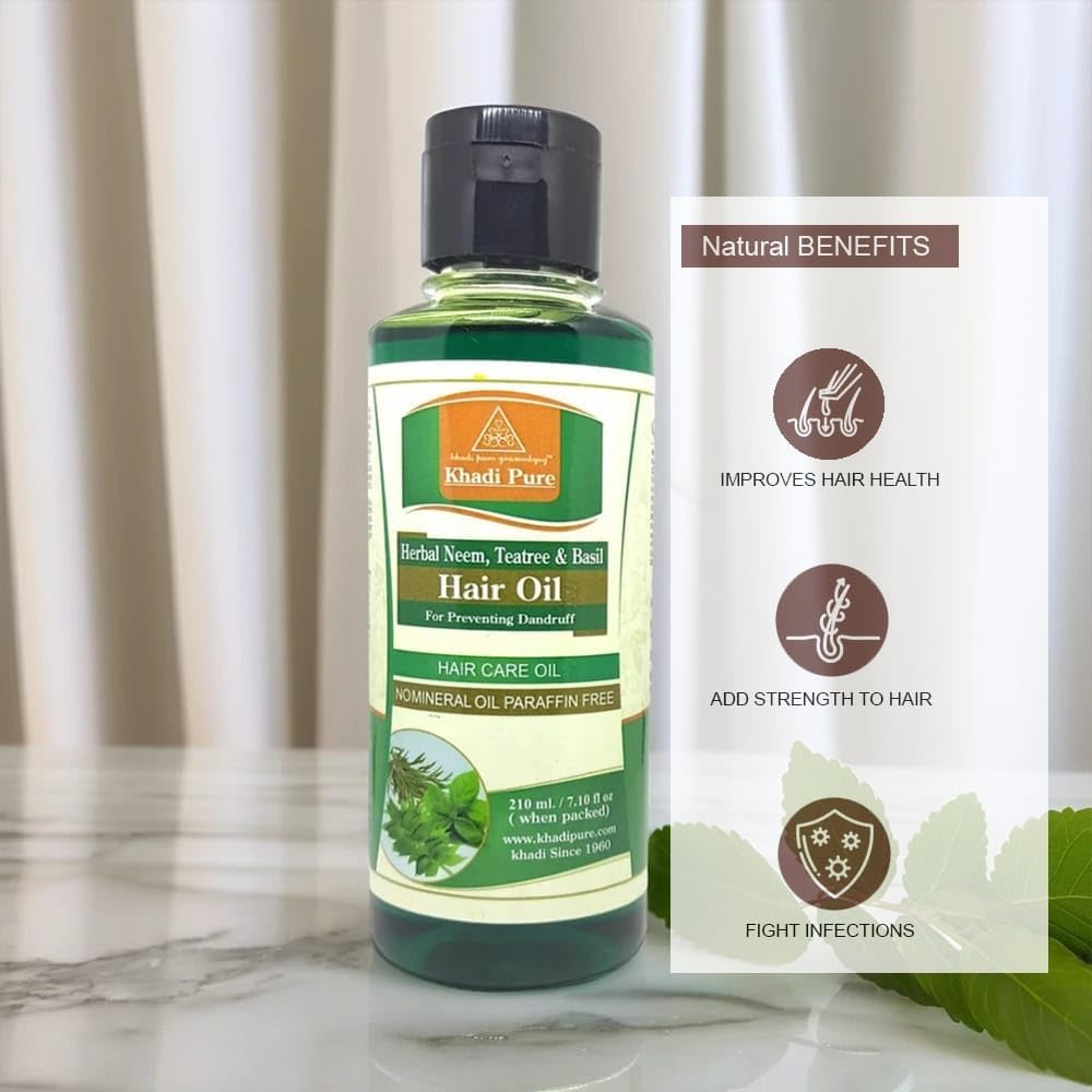 Khadi Pure Herbal Neem, Teatree & Basil Hair Oil - 210Ml image number 3