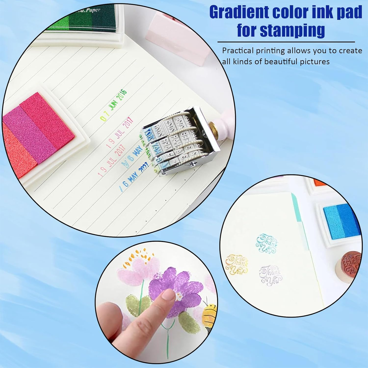 INCAUCA Rainbow Fingerprint Ink Pad, Washable Stamp Pads for Rubber Stamps, Multicolor Craft Stamp Ink Pad, Pigment Ink Pads for Stamping Paper Wood Scrapbook Art Card Making, Gradient Purple - Blue image number 2