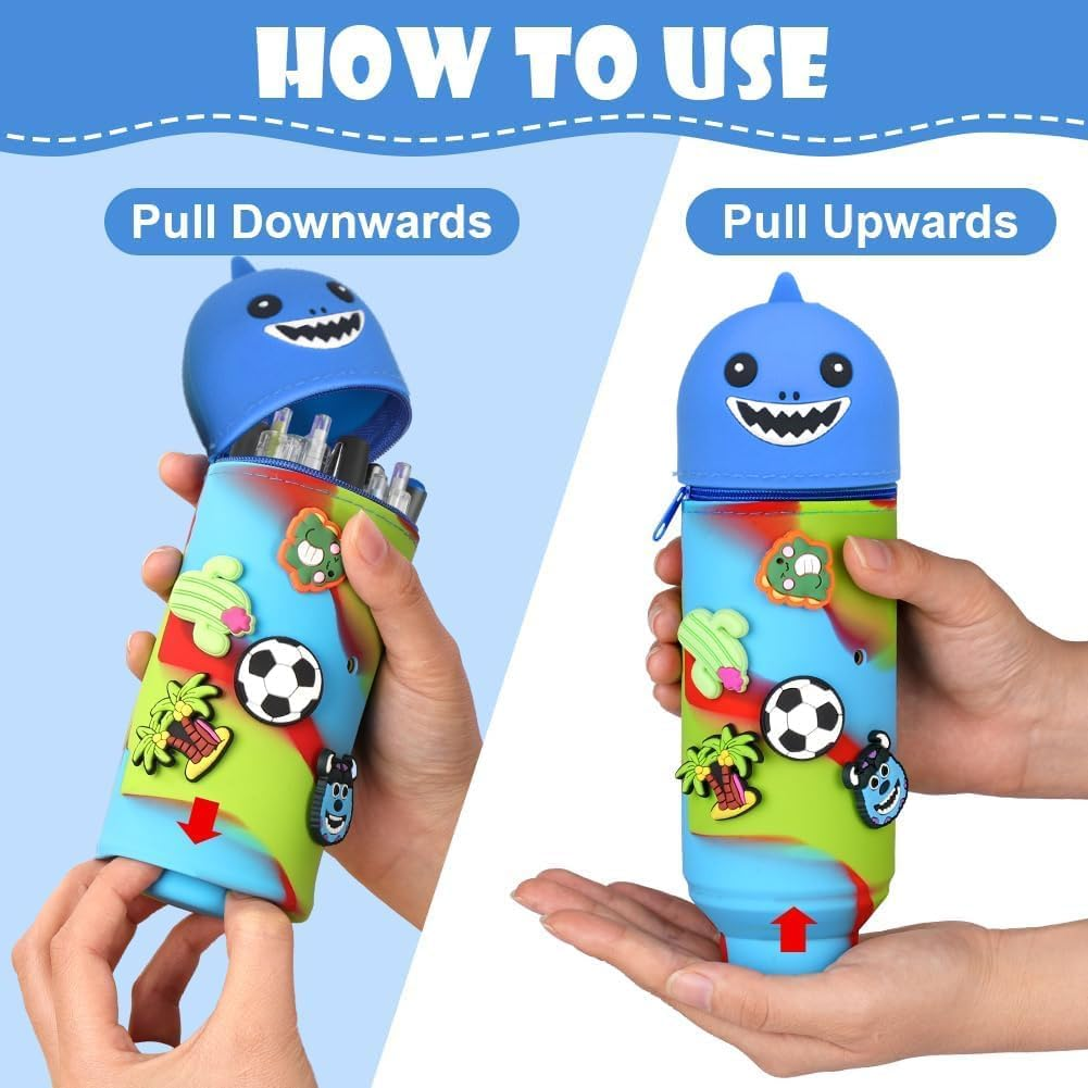 KDFSSIPE 2-In-1 Soft Silicone Case Kawaii Pencil Case and 5 Pieces Erasable Retractable Pens, Pencil Case, Stand up Pencil Case, Animal Pen Holder, Pencil Bag Girls Boys (Shark) image number 4