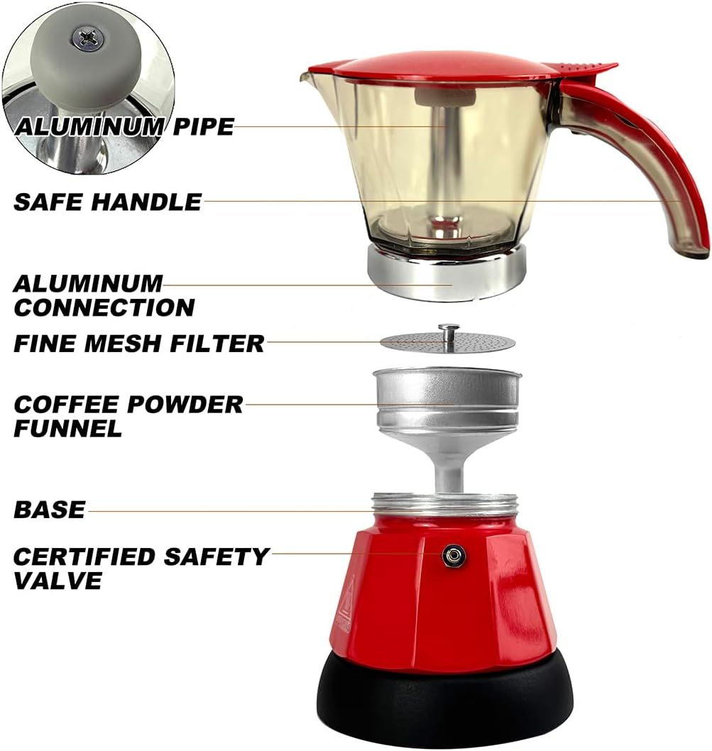 Mornest Electric Moka Pot Coffee Maker, Electric Espresso Maker with Auto Shutoff, Italian Classic, 360 Degree Rotating Base, Portable Coffee Home & Travel, 3 Cups (150Ml), Red/White (Red) - White image number 3