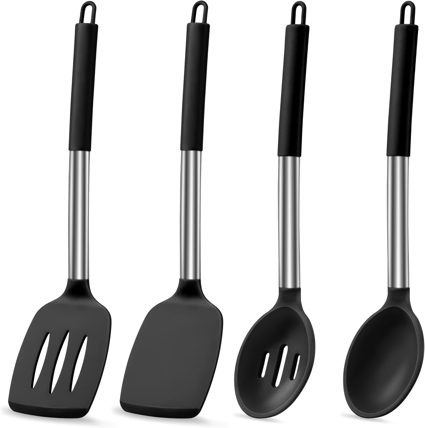 LIANYU Kitchen Cooking Utensils Set of 4, Silicone Spatula Cooking Spoon Set for Nonstick Cookware, Heat Resistant Kitchen Gadget Tools with Stainless Steel Handle, Heat Resistant Utensils, Black - 6, Gray image number 6