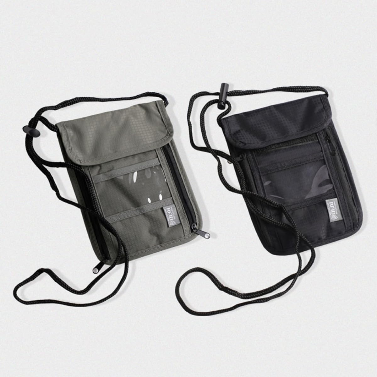 SECFOU Travel Passport Holder Wallet Neck Hanging Bag with Transparent Pocket Multifunctional Credit Card Organizer and Phone Pouch for Men Women Grey