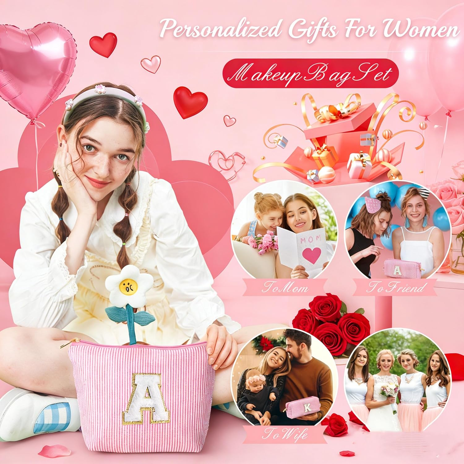 Parima Gifts for Girls - 2Pcs Initial Makeup Bag for Girls Cosmetic Bag Makeup Bag Cosmetic Travel Toiletry Bag for Girls Personalized Birthday Gifts for Her Women Girlfriend Teenager Girls Gifts image number 5