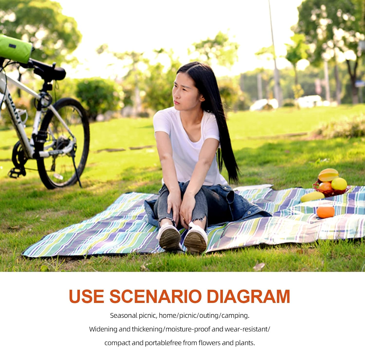 Tanstic Outdoor Picnic Blanket, 79" X 79" Extra Large Waterproof Foldable Beach Mat with Carry Strap for Camping Park (Blue Stripes) image number 2