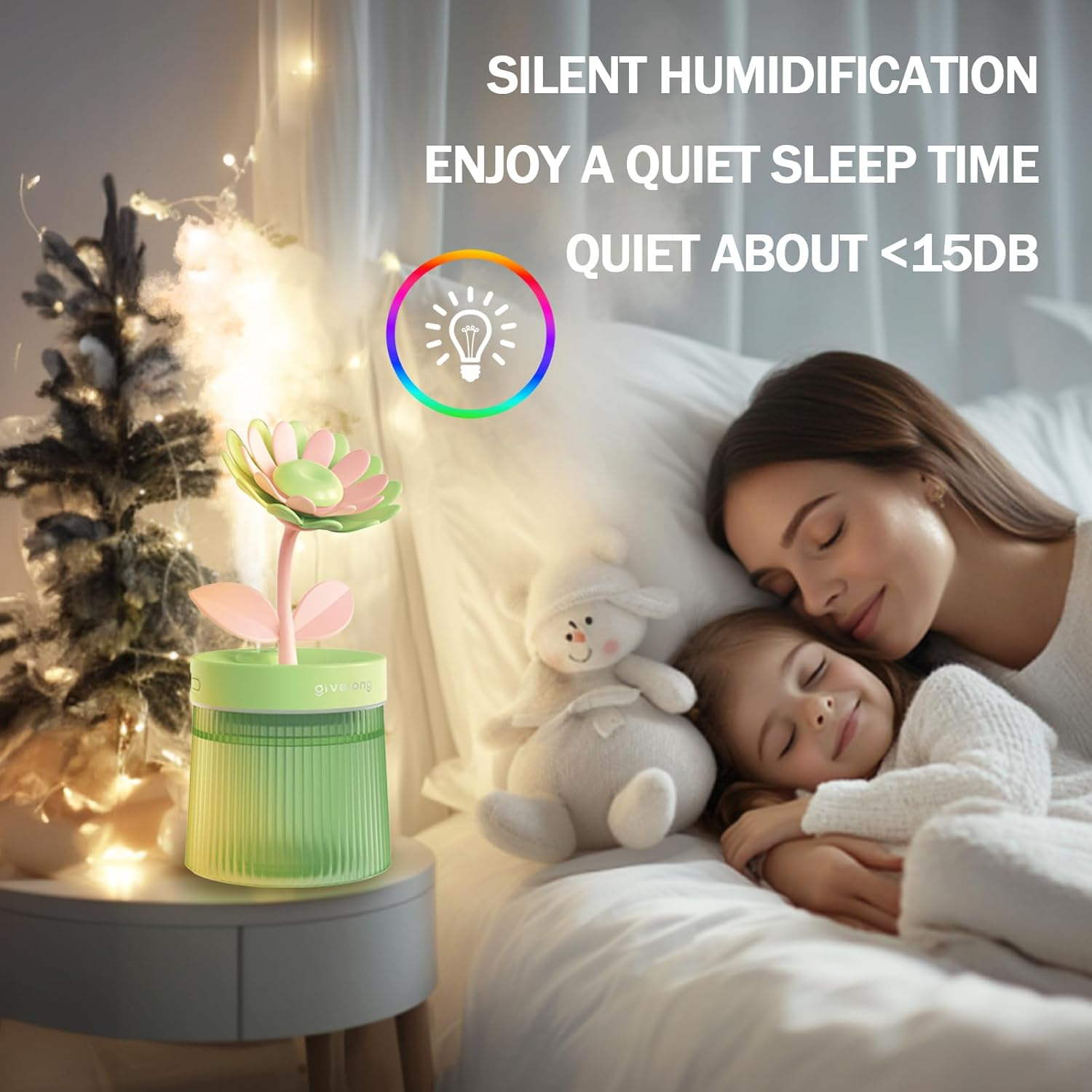 Portable Mini Humidifier 260Ml, Sunflower Purple, Plastic, Automatic, Bedroom, Wick Filter, 15 Hours Runtime, Night Light, Two Spray Modes image number 2