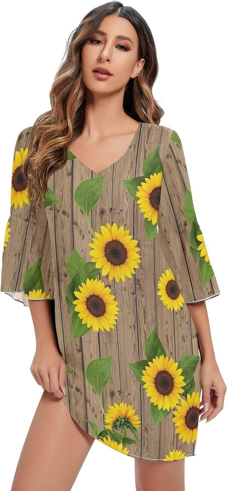 Sunflowers Rustic Wooden Chiffon Dress Printed Line Maternity Dress image number 3