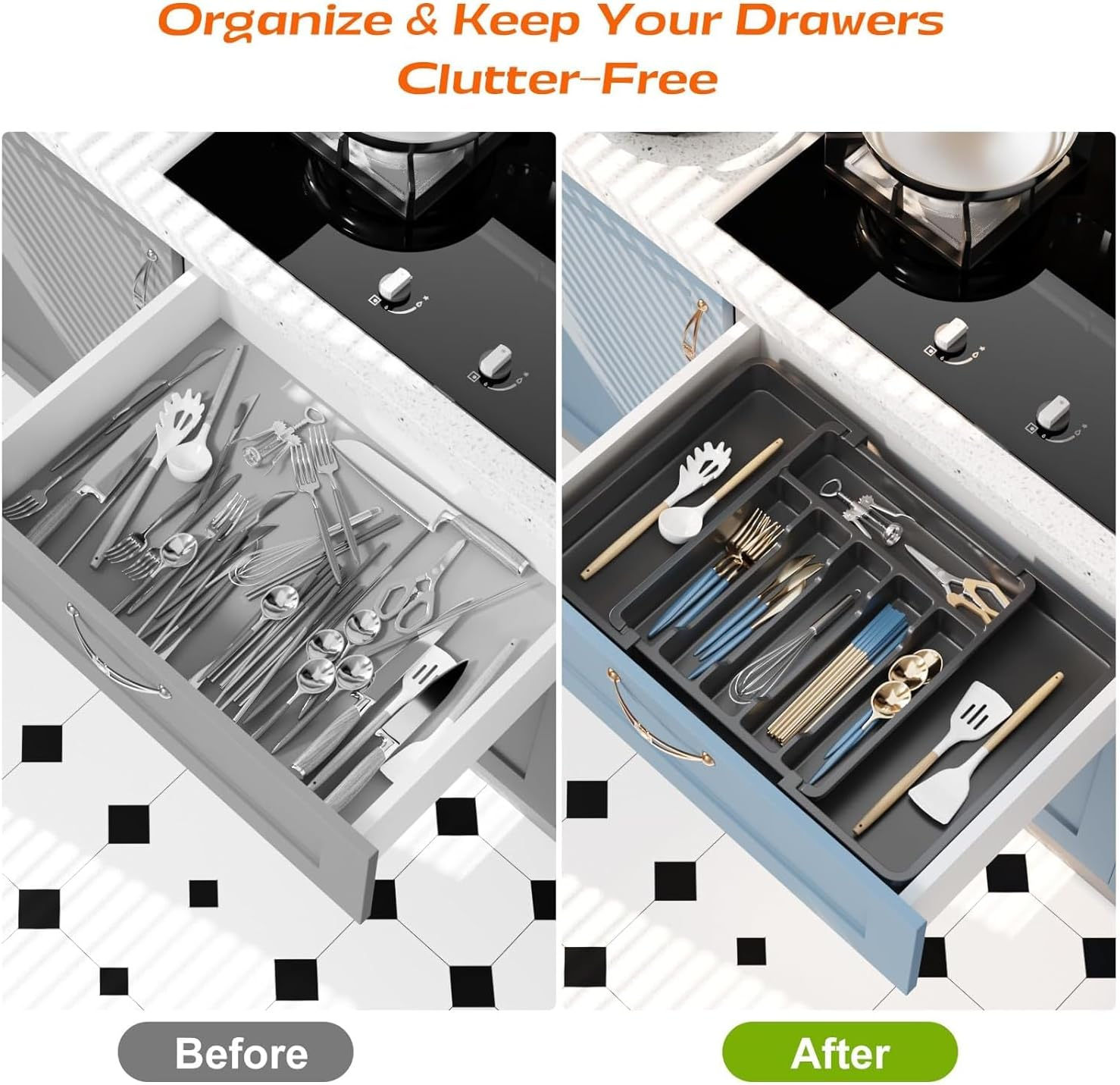 Expandable Cutlery Drawer Organizer, Adjustable Utensil Tray for Kitchen Drawers, Flatware Holder, Plastic Storage for Spoons, Forks, Knives, Durable Design, Space-Saving and Easy to Clean, Black image number 6