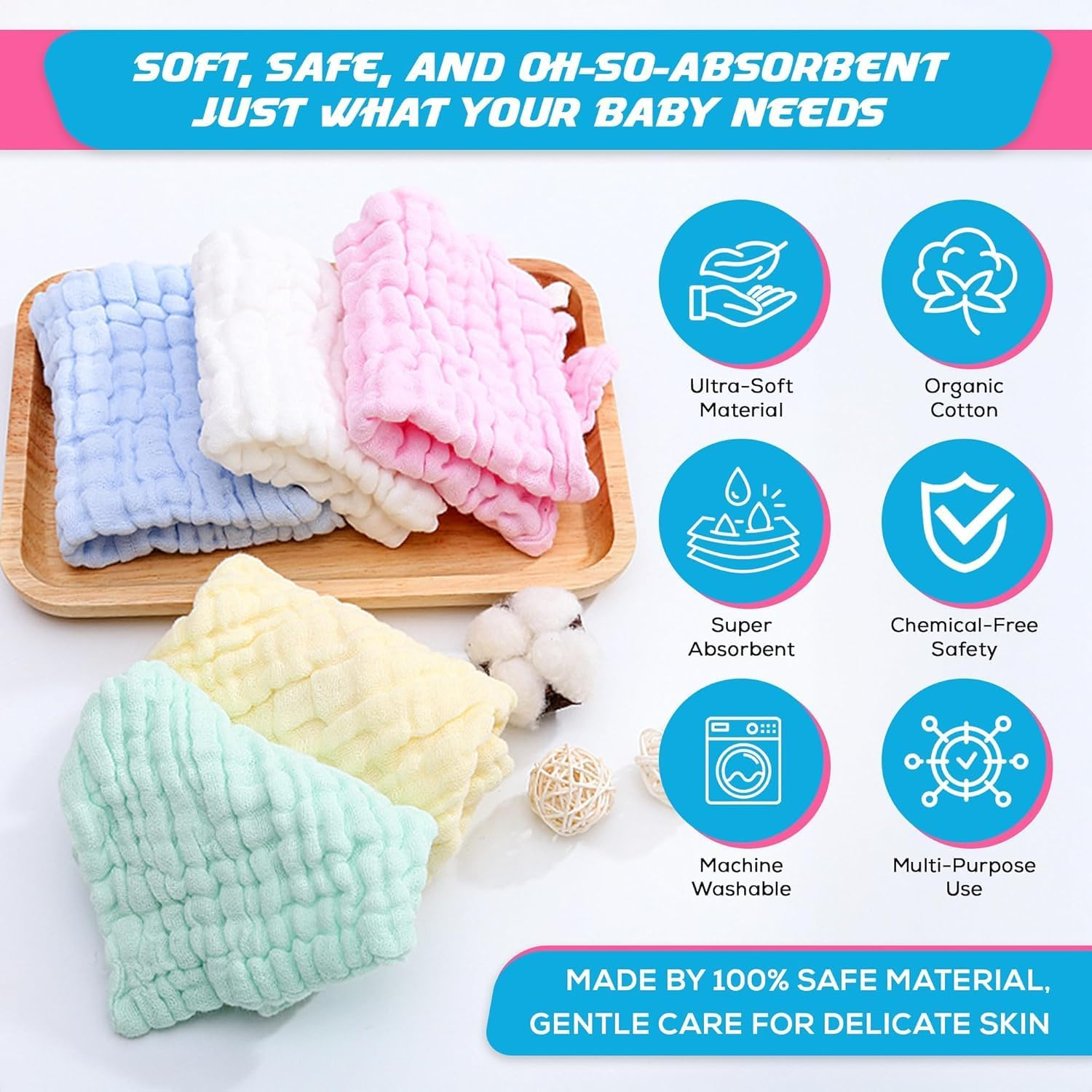 100% Cotton Baby Burp Cloths - 10Piece Soft Newborn Face Towel, Absorbent Bath Towel, Baby Wipes, Wearable Cotton Towel Drool Towel. Reusable Cotton Baby Burp Cloths image number 1