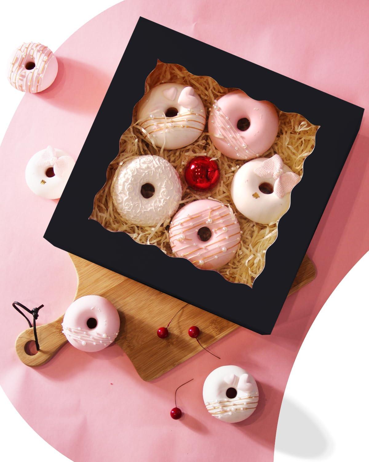 Qiqee Black 12Pcs Bakery Box with Window 20.32X20.32X6.35Cm Donut Pie Boxes Pastry Box(8X8X2.5 Inch,Auto-Pop Up) image number 2