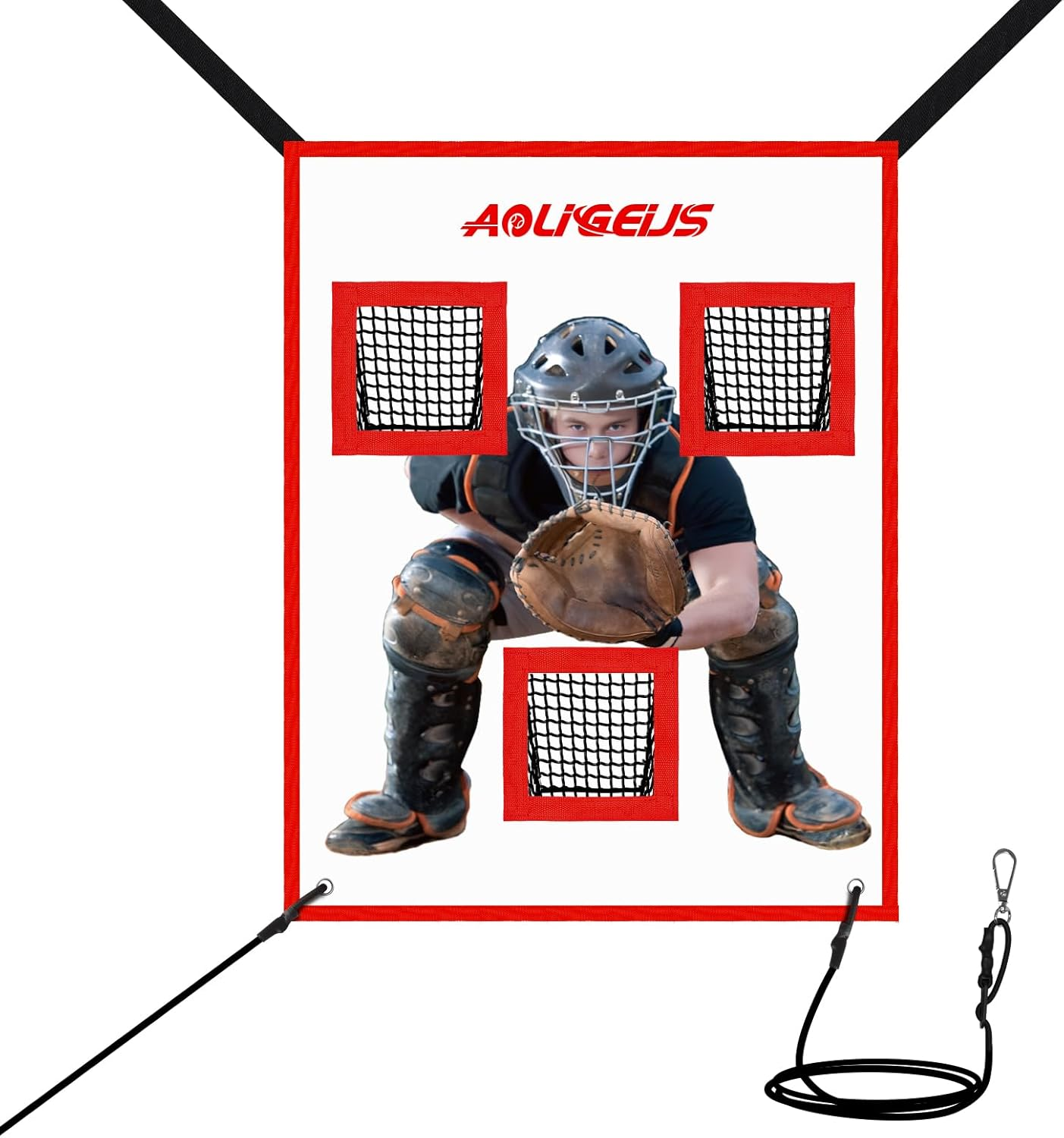 AOLIGEIJS Adjustable Pitching Pad, 3 Pocket Strike Zone Target for Baseball & Softball Net, with Realistic Catcher for Accuracy Training image number 4
