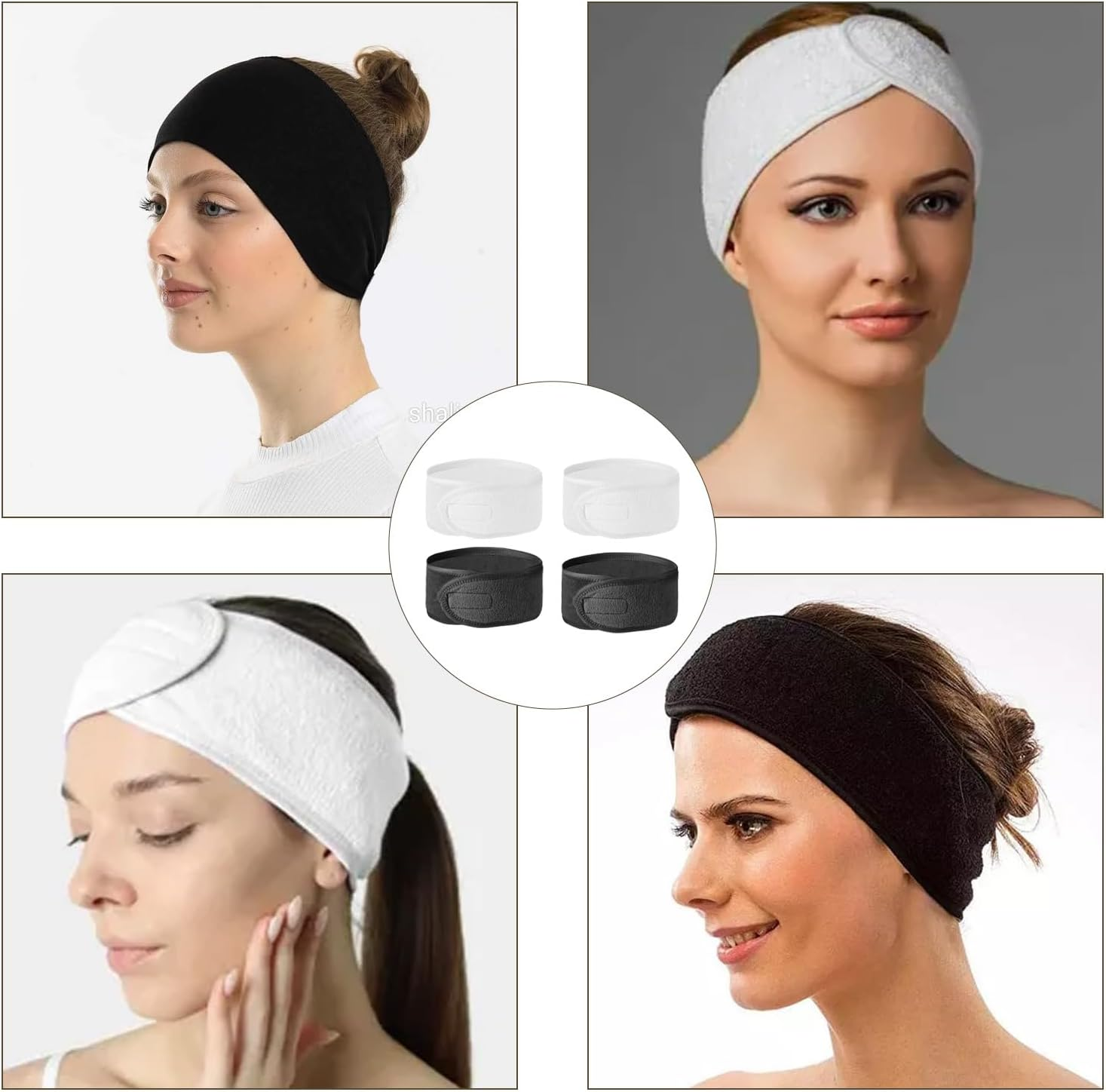 Pack of 4 Hair Bands for Women, Women'S Cosmetics, Make-Up Hair Band for Sports, Showers (Black and White) image number 6