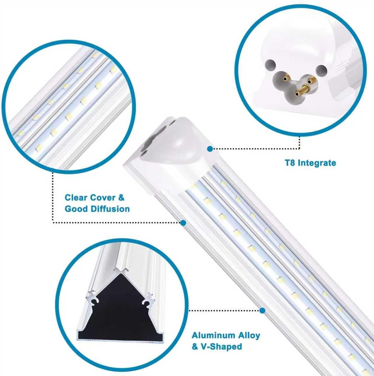 1.2M LED Shop Light Fixture, 36W 6500K 4500LM LED Tube Light, T8 V-Shaped LED Bulb Light, Linkable Shop Light, LED Garage Light with Built-In On/Off Switch, Plug & Play, Clear Cover, 6 Pack