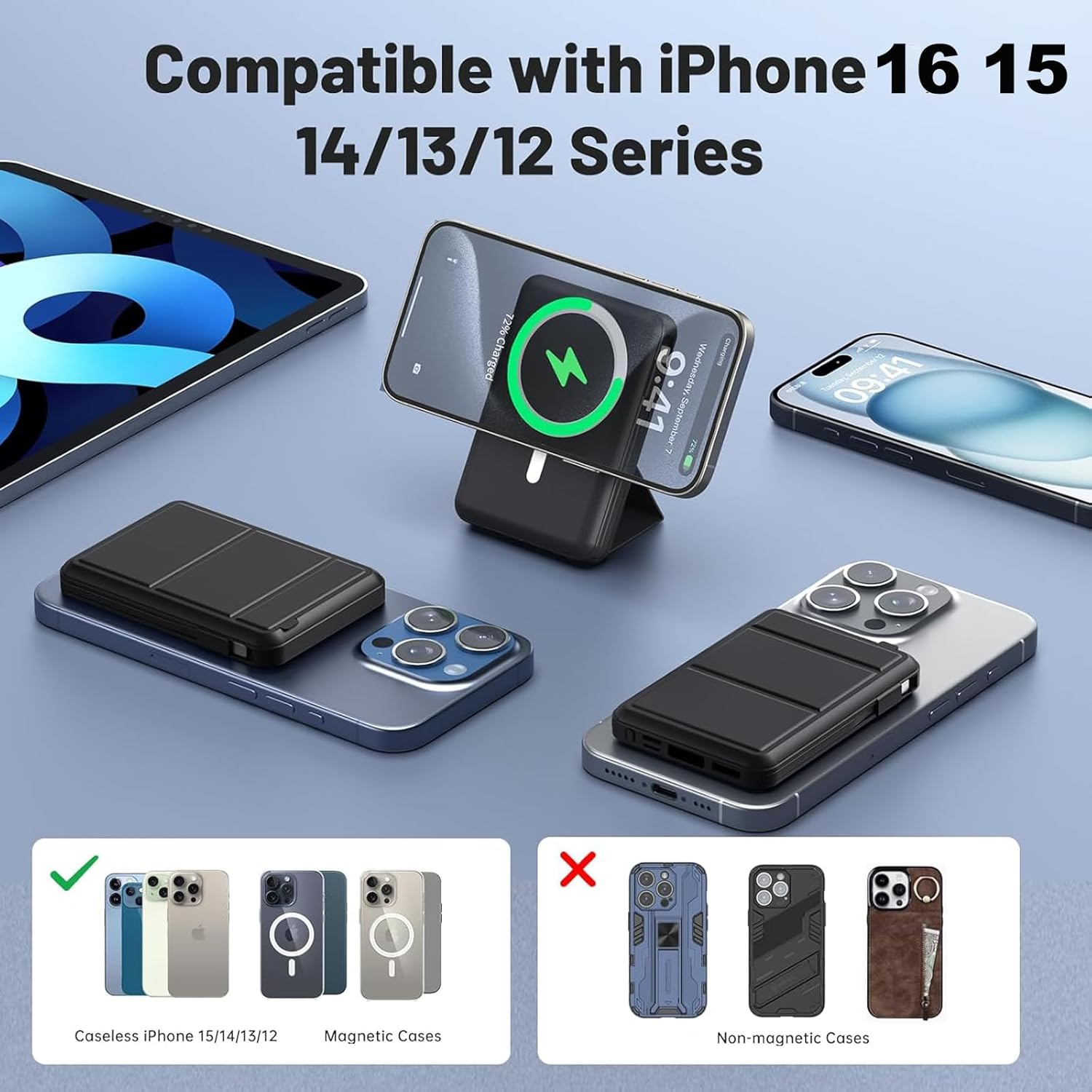 For Magsafe Battery Pack, 10000Mah Magnetic Power Bank 22.5W PD Fast Charging with USB-C Cable LED Display Wireless Portable Charger for Magsafe with Stand for Iphone 16/15/14/Pro Max image number 5