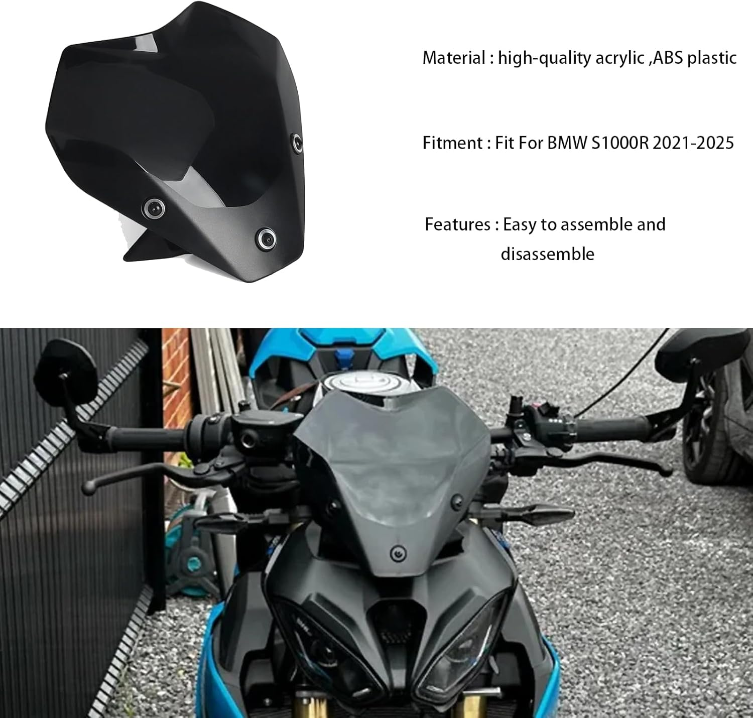 Motorcycle Wind Deflector Screen Windshield Spoiler Windscreen Shield Spoiler Fit for BMW S1000R S 1000 R 2021-2025 (Black) image number 3