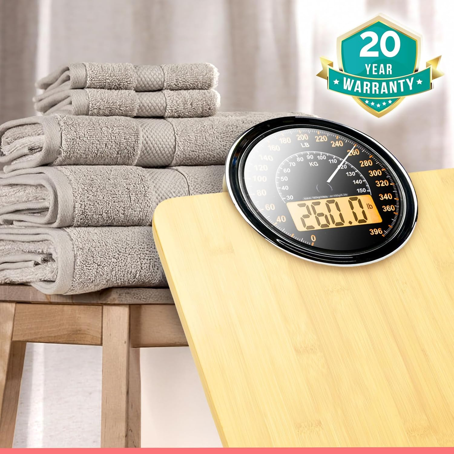 Adamson Hybrid 2-In-1 Analog & Digital Weighing Scale for Body Weight up to 400Lbs + Thick Tempered Glass + Extra Large Display + Easy to Read Digital Bathroom Scale + New Version - Wood