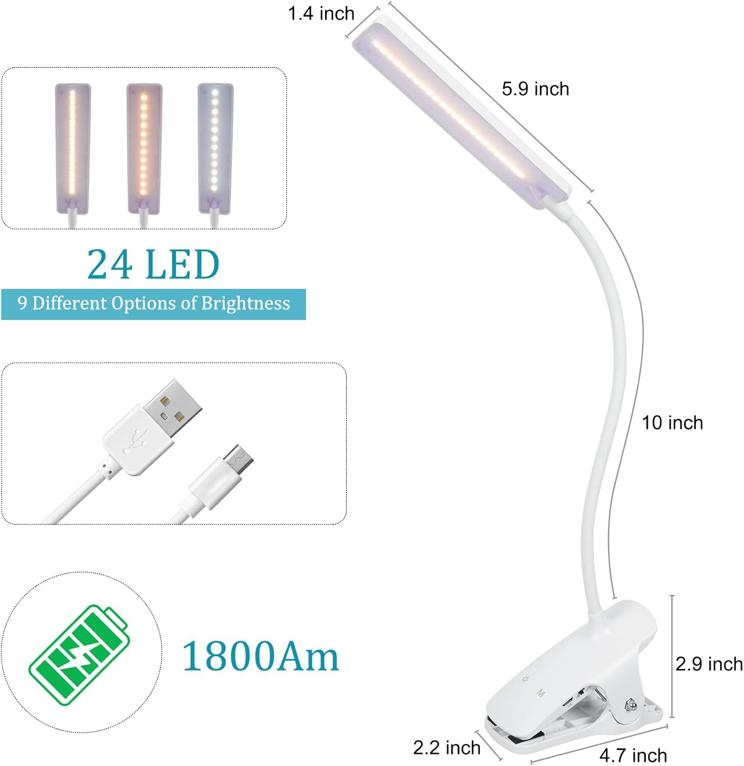 Deaunbr LED Reading Light with Clip USB Rechargeable Book Lights, Eye Protection 24 Leds Flexible Neck Night Bed Lamp, Touch Control Portable Clamp Desk Lamps for Bed Headboard, Computers - White