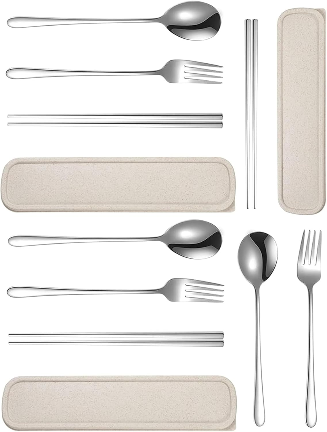 3 Set Portable Cutlery Set with Case Include Fork Spoon Chopsticks, Portable Travel Utensil Set, Reusable Stainless Steel Camping Utensils Set, Lunch Cutlery Set for Work School (Silver) image number 6