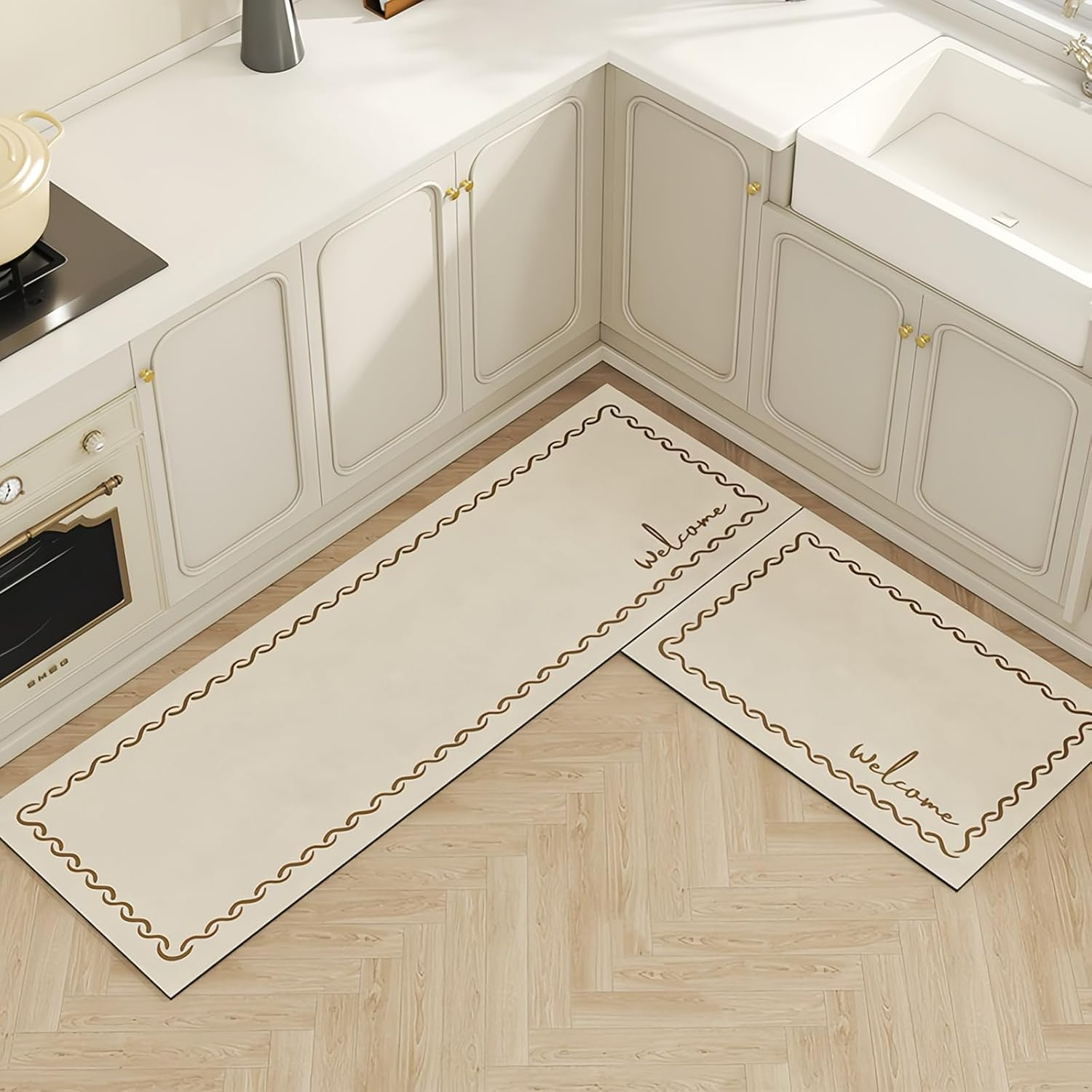 Taoluwin Kitchen Rugs Set, 2Pcs Diatom Mud Kitchen Mats, Super Absorbent Kitchen Runner Rug, anti Slip Kitchen Floor Mats for Front of Sink, Laundry Room, Hallway, 40X60 Cm+40X120 Cm (Welcome)