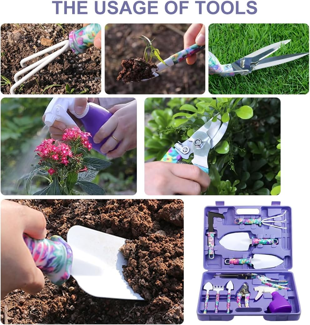 Springup Garden Tools Set, 10 Pieces Gardening Gifts Stainless Steel with Storage Case with Garden Trowel Pruners, Rake, Shovel, Trowel, Sprayer, and More -Garden Gifts for Men & Women (Purple) image number 2