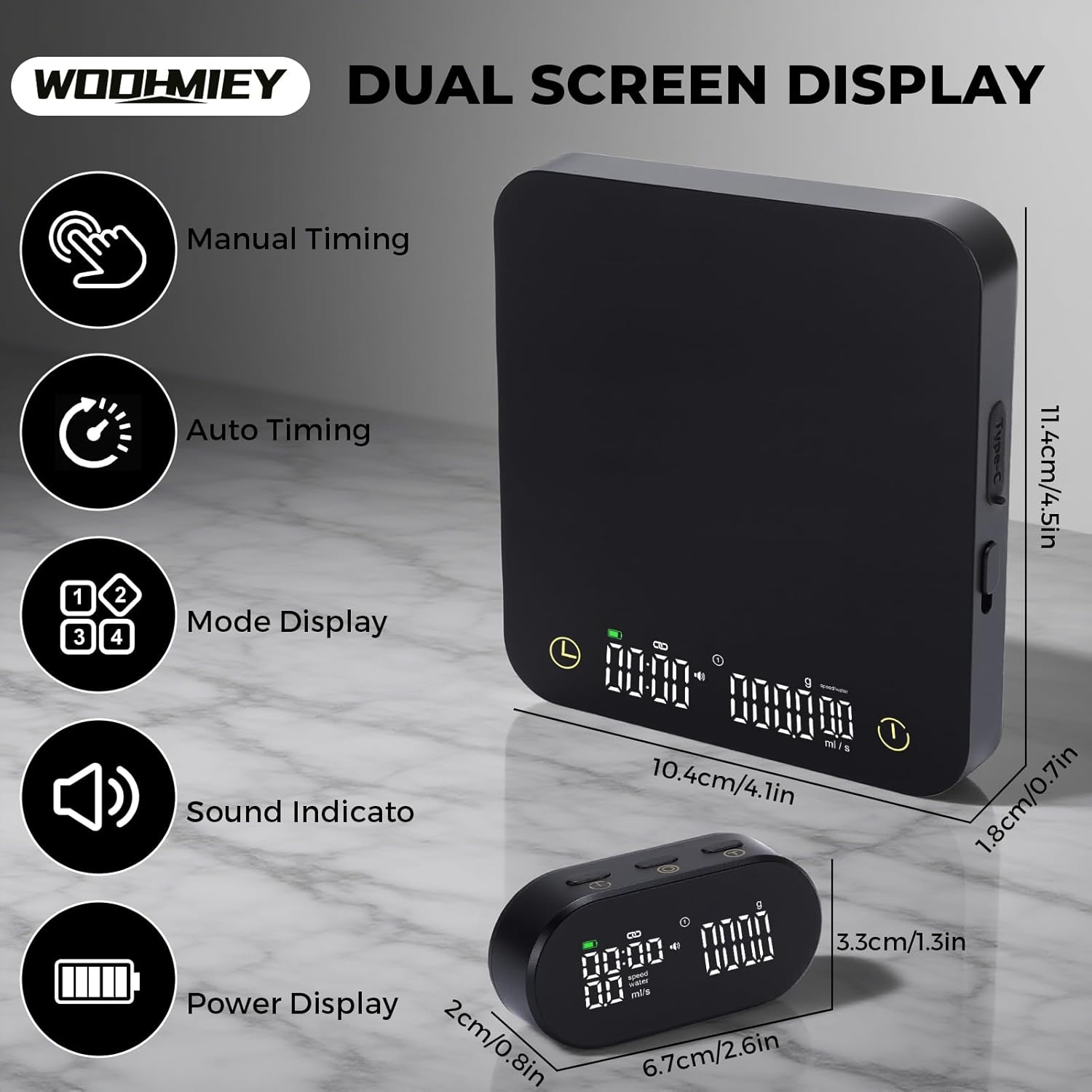 WODHMIEY Coffee Scale with Timer, 3Kg/0.1G High Accuracy, Rechargeable Mini Smart Display and Espresso Scale, Kitchen Scale with Calibration Function for Coffee Brewing Baking image number 1