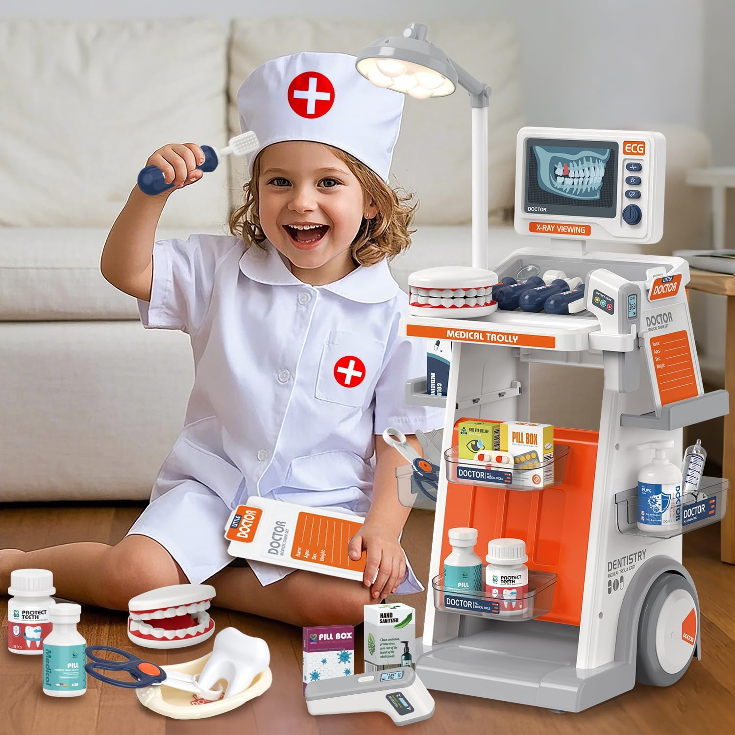 Doctor Kit for Kids 32 Accessories Pretend Medical Station Set for Boys & Girls Mobile Cart with Kids Dentist Play Set for Ages 3 and up Children Role Play Educational Toys