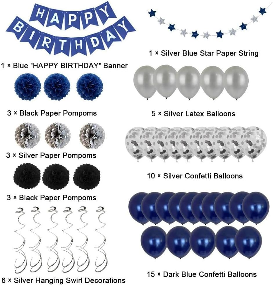 Navy Blue Birthday Flag Pulling Night Balloon Paper Flower Ball Decoration Set Silver Star Flower Spiral Pendant (47Pcs) image number 2