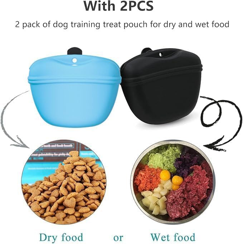 Liyquint 2PCS Silicone Dog Treat Pouch, Portable Dog Training Bag with Magnetic Closing & Waist Clip for Belt - Reward Feeding Pouch for Puppy Walks & Outdoors (Black+Sky Blue) image number 2