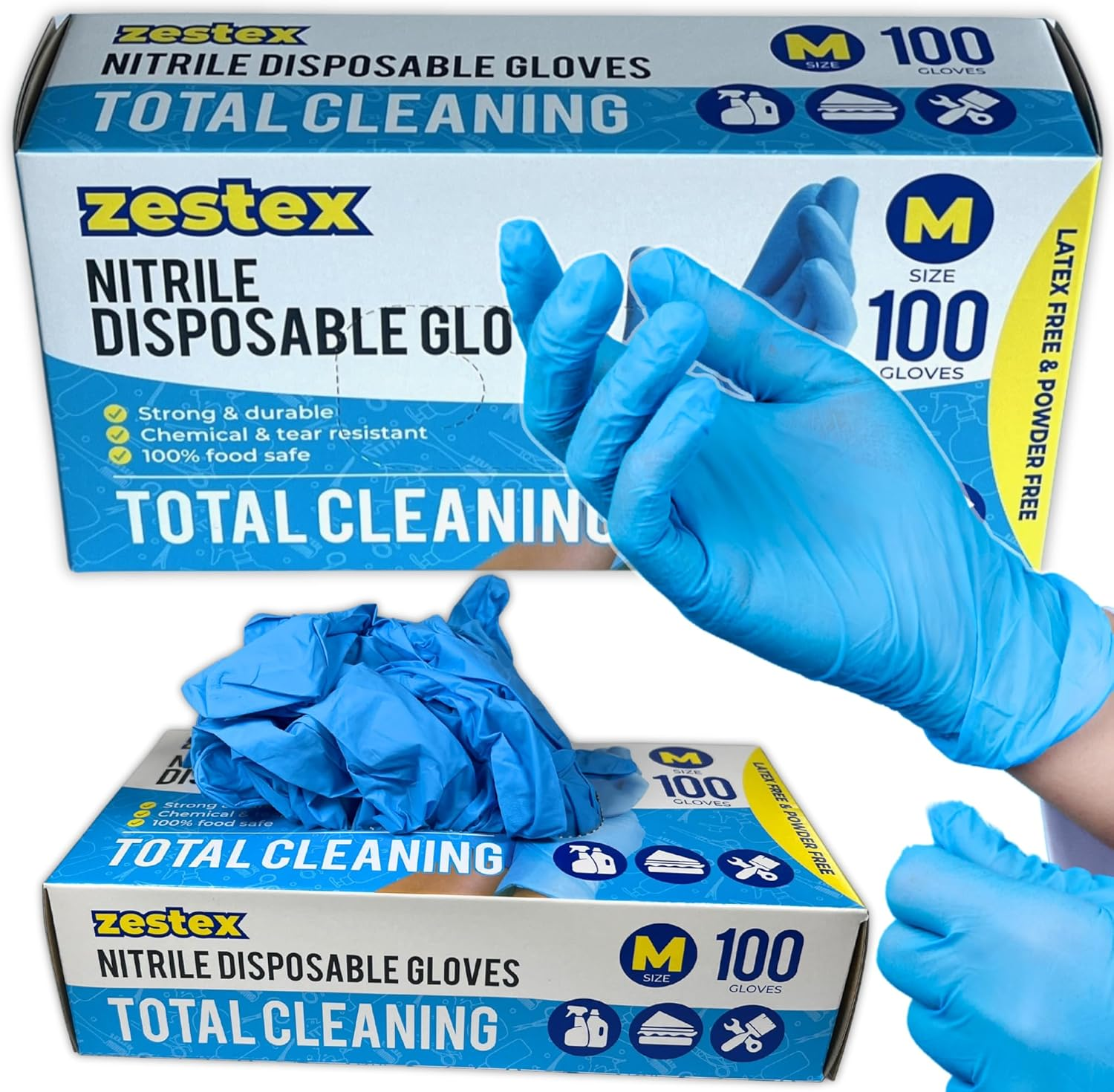 Zestex Nitrile Total Cleaning, Latex-Free & Powder-Free, Non-Sterile Food Safe Cleaning Disposable Glove, Blue, Medium, Case/100 image number 2