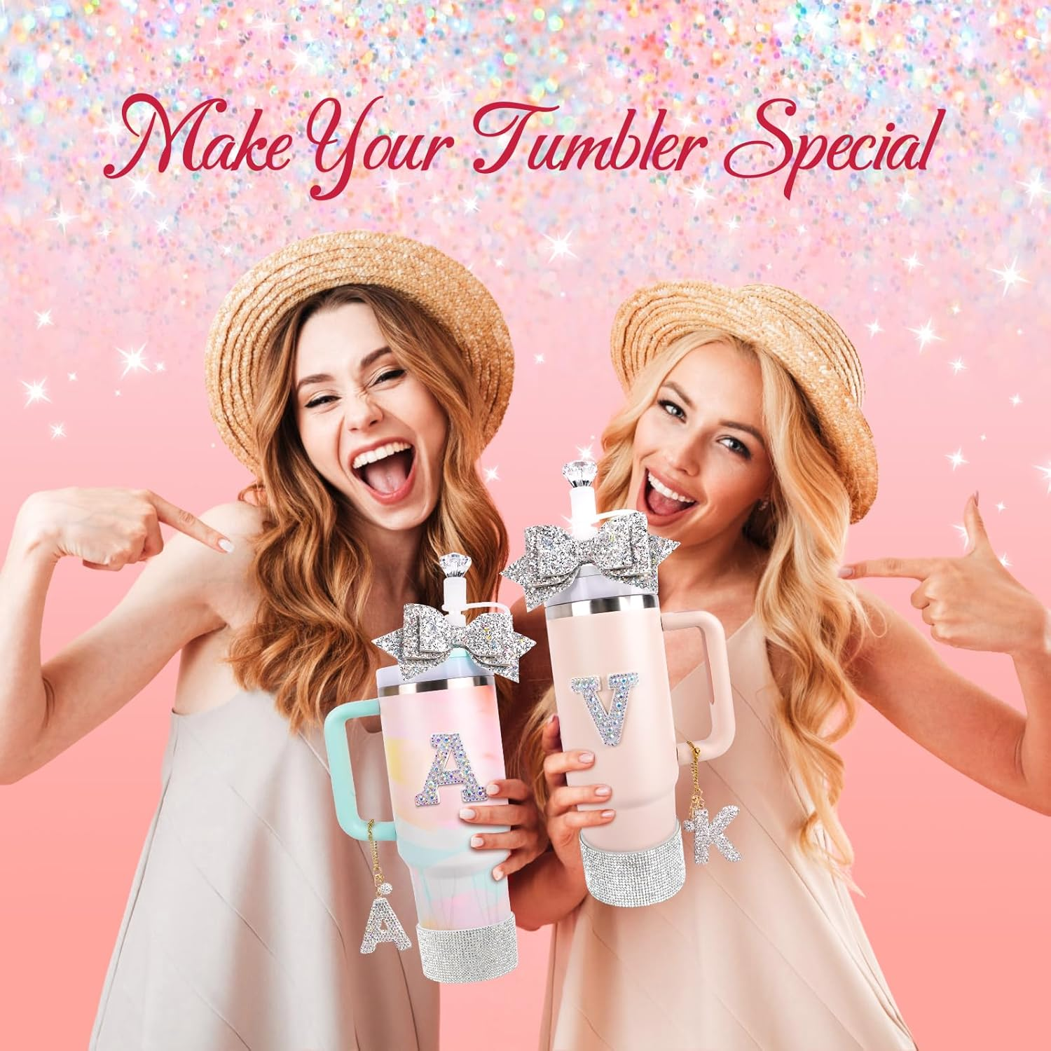 Water Bottle Accessories Set for Stanley Cup 30Oz 40Oz, Bling Letter Charms, Diamond Straw Cover, Glitter Silicone Boot, Personalized Sticker, Bow Straw Topper for Stanley Cup Accessories (G)