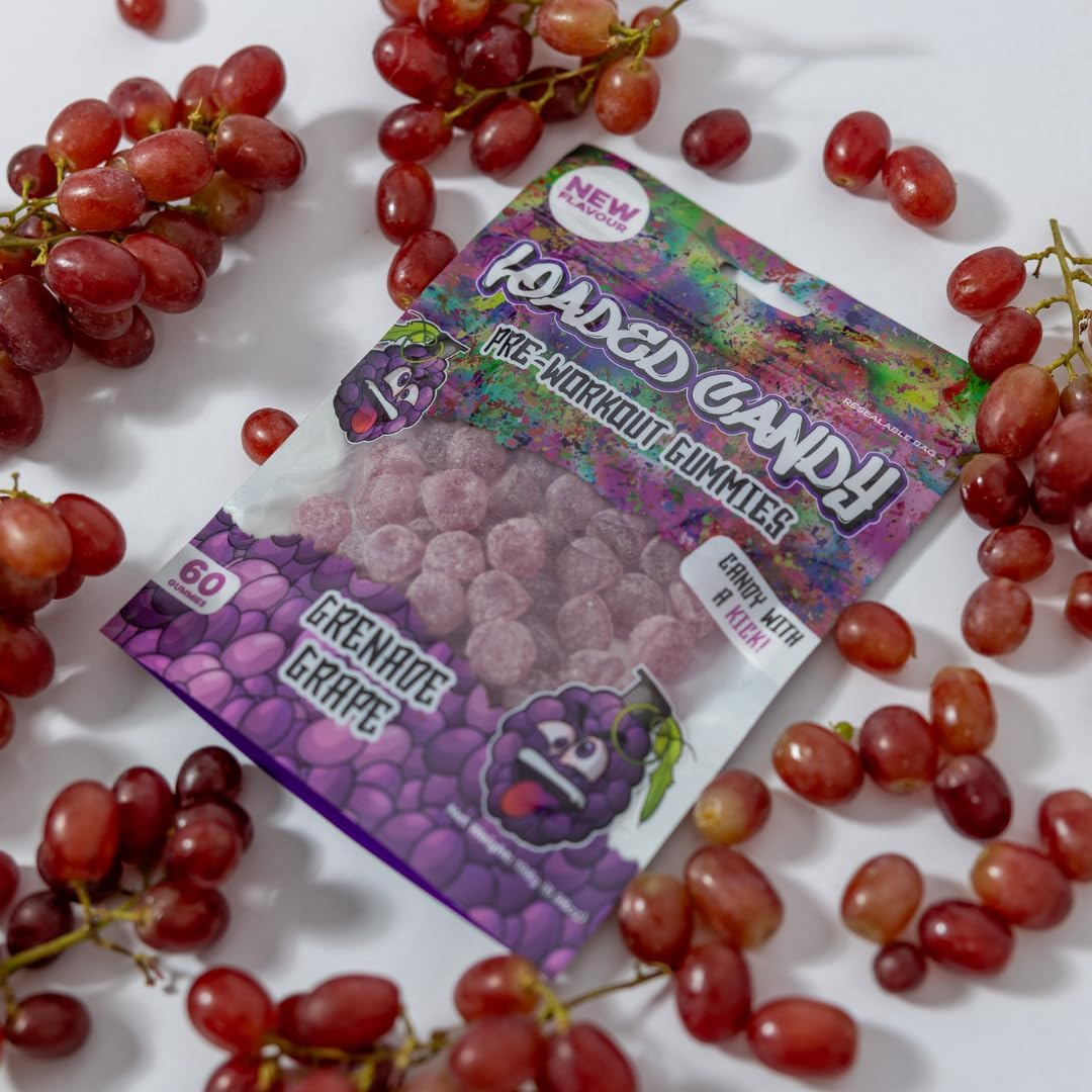 Loaded Candy Grenade Grape Pre-Workout Gummy, Low Calories & Sugar Free, Zero Crash, Zero Bloating & Natural Caffeine, Gluten Free, Vegan, Halal, Kosher