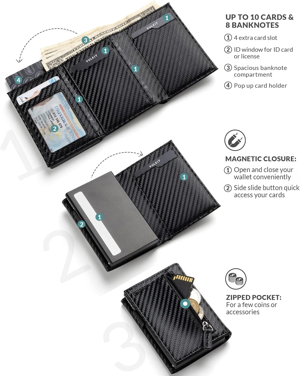 VULKIT Card Holder Wallet with Coin Pocket Magnetic Closure Pop up Cards with ID Window Leather Wallet for Cash & Credit Cards - Brown image number 7