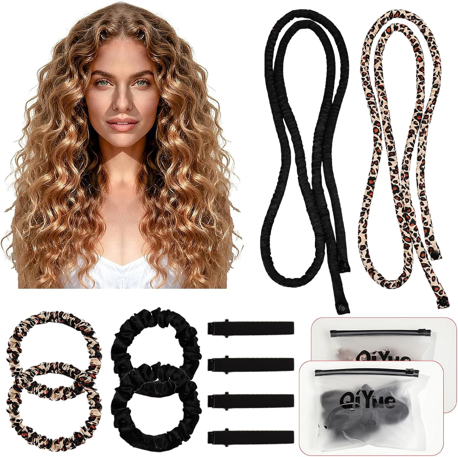 Pack of 2 Hheatless Curls Band Overnight Heatless Curls Silk Suitable for Use during Sleep, Suitable for Long and Short Hair (Black + Coffee Leopard Print) image number 6