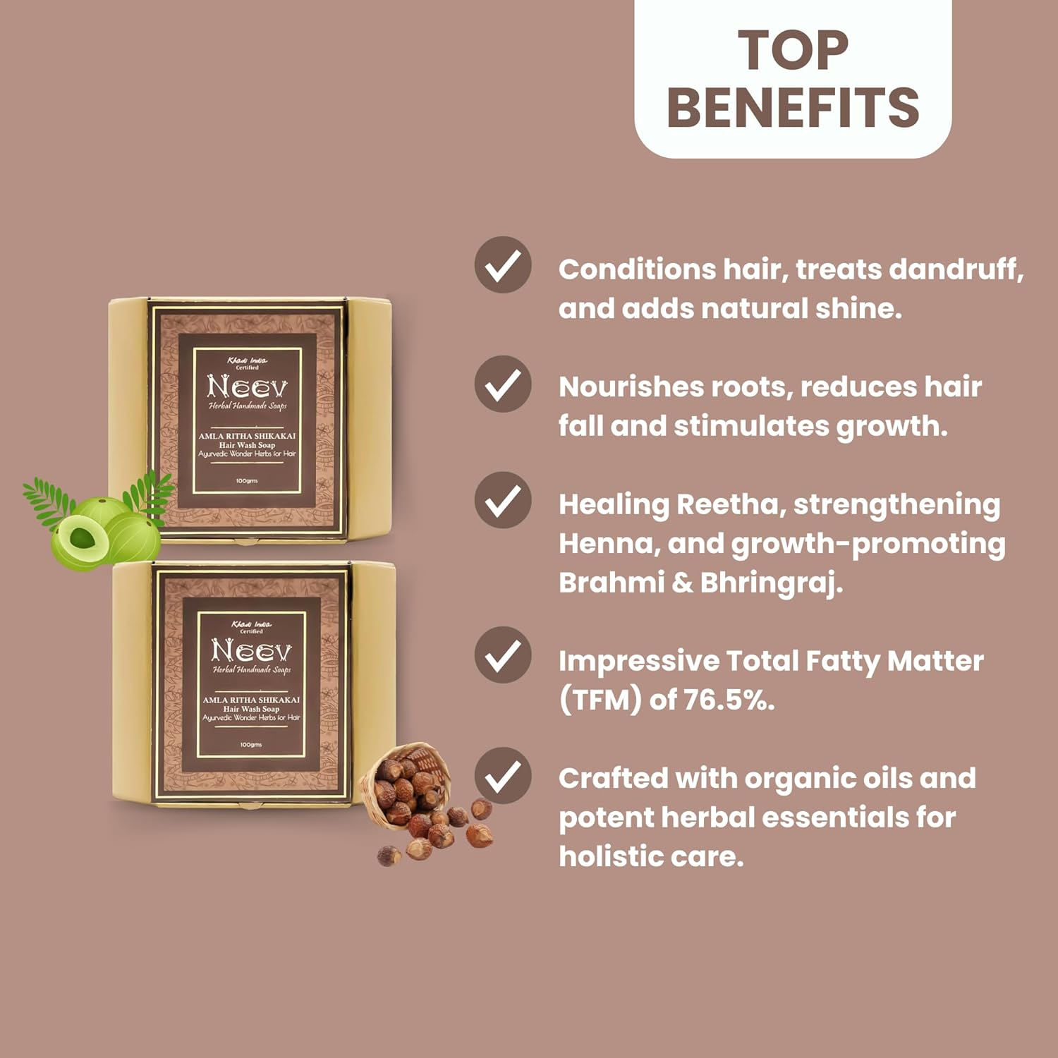 Neev Amla Ritha Shikakai Hair Wash Soap 100 Gms Ayurvedic Wonder Herbs for Hair Set of 3 Combo 100Gm Each image number 4