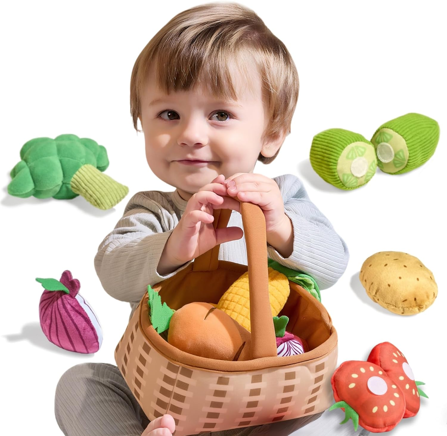 TUMAMA Baby Plush Veggie Basket Stuffed Vegetable Play Set Toys, Pretend Play Kitchen Food Sensory Educational Toys for Toddler 0M+ Months image number 5