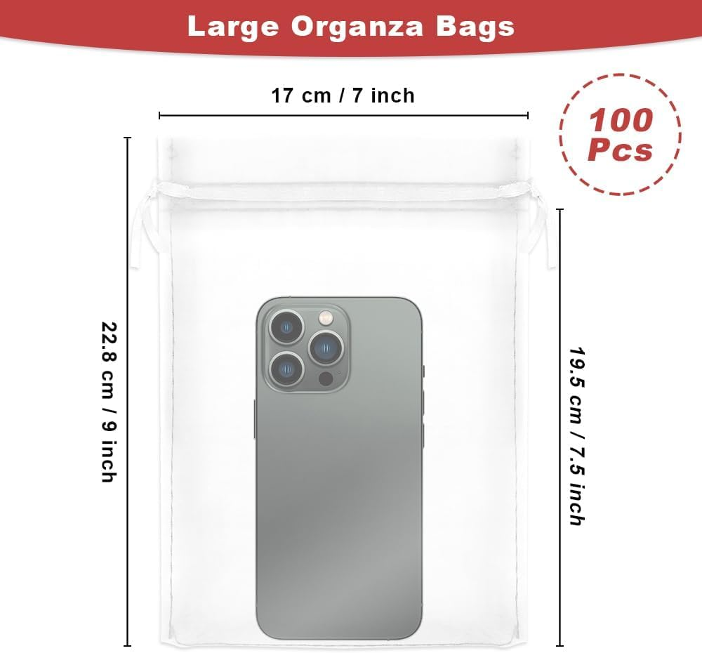 White Organza Bags 7X9 Inch 100Pcs Large Mesh Bags Drawstring Organza Gift Bags Jewelry Pouch for Valentines Wedding Halloween Eve Christmas New Year Baby Shower Party Favors Candy Fruit Wrap Bulk